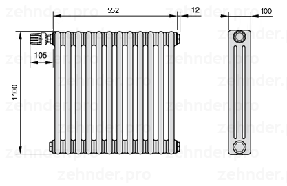 Схема (чертеж) Радиатор Zehnder Charleston 3110/12 №V011 Белый глянцевый RAL 9016